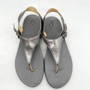 Olukai Womens 10 Eheu Sandals Shoes Silver Leather Thong Slingback Comfort Flats